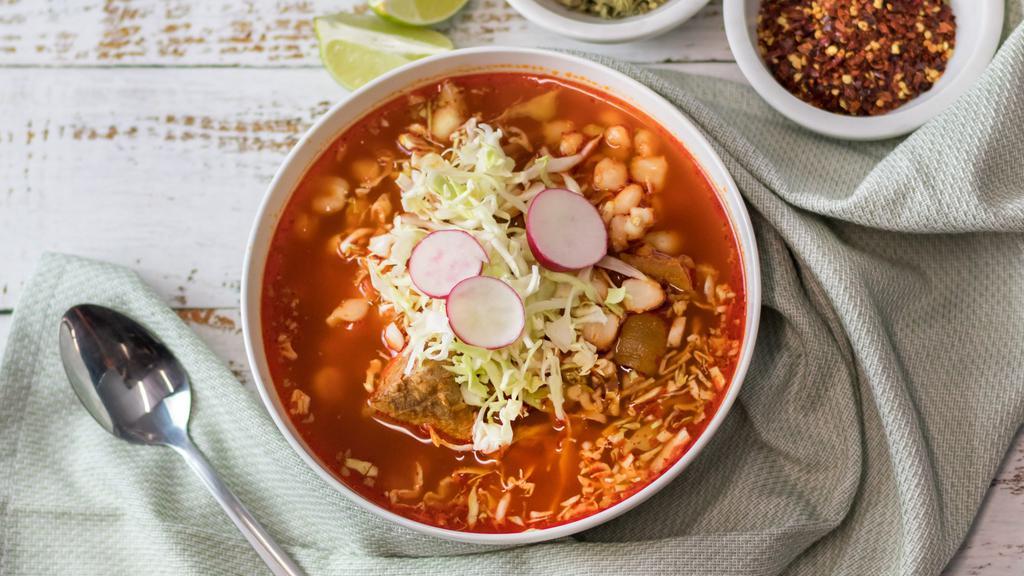 Pozole - Available Saturdays/Sundays Only · *Available only on Saturday and Sunday* Pork Stew served with tostadas, shredded cabbage, cilantro, onions & lime.