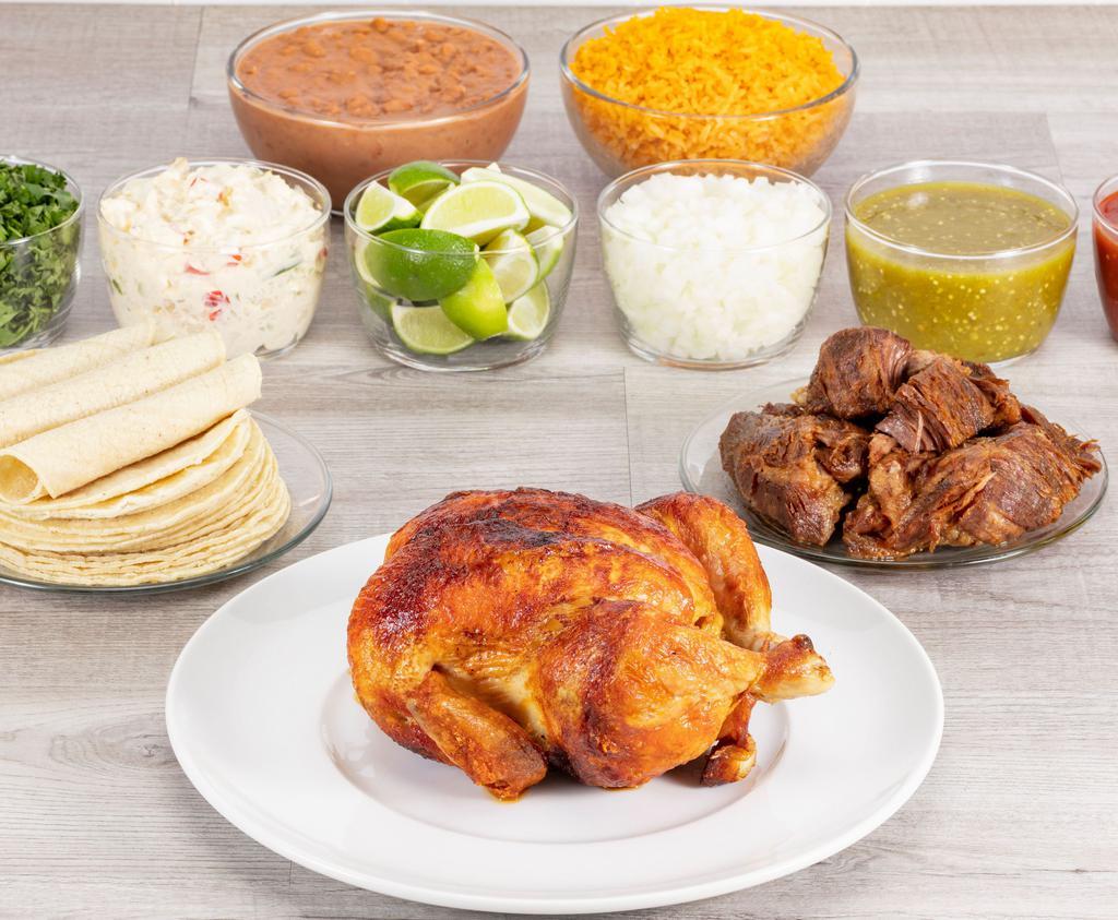 Fiesta Combo · 1 whole rotisserie or grilled chicken. 1 Lb. of pork carnitas. Served with rice, re-fried or whole beans, potato salad, green or red salsa, limes, onions, cilantro & tortillas. Serves 6 to 8 people.
