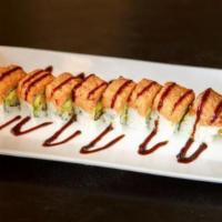 Hot Night Roll · tempura shrimp, avocado and cucumber inside with spicy tuna on top.