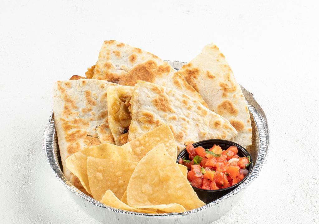 Quesadilla · 13 inch flour tortilla grilled and filled with your favorite protein, melted cheese, onion, cilantro, jalapenos, sour cream and pico de gallo. served with a bag of freshly fried corn tortilla chips.