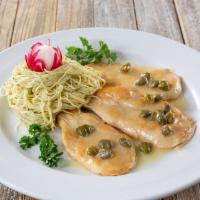 Pollo Piccata · Thinly slices chicken breast on a lemon and Capper sauce with garlic and olive oil Angel hair.