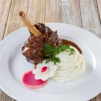Lamb Shank · Brased with gravy and mashed potato.