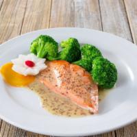Salmon Filet · With lemon and grain mustard and Hers sauce with steamed broccoli olive oil.