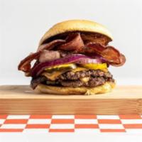 Bbq-Bacon Smash · Double meat, double Cheddar cheese, bacon, garlic aioli, hickory BBQ sauce on a potato bun.