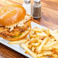 Fried Chicken Sandwich  · Boneless spicy fried chicken, house made honey mustard, pickles & topped with coleslaw.