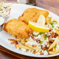 Fish & Chips · Beer battered cod. House made french fries topped with applewood bacon & feta. Served with h...