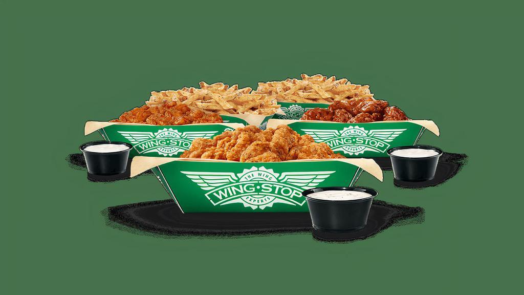 Thigh Bites Group Pack · 3 regular orders of juicy, breaded, bite-sized boneless chicken in your choice of 3 flavors, 2 large fries, and 3 dips. (Feeds 3-4)