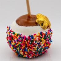 Birthday Bash Caramel Apple · Caramel apple dunked in white chocolate and rolled in birthday sprinkles.