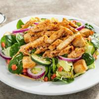 Chicken House Salad · Chicken, tomatoes, red onion, cucumber, shredded cheese, garlic croutons with choice of dres...