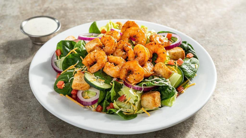 Shrimp House Salad · Shrimp, tomatoes, red onion, cucumber, shredded cheese, garlic croutons with choice of dressing.