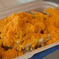Cheddar Fries · House sauce drizzled on top of shoestring fries, topped off with Cheddar Cheese Cheetos.