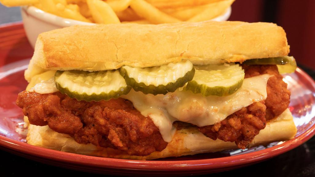 Hot Buffalo Chicken · Crispy breaded chicken coated with our spicy Buffalo sauce on a French roll, with pickles and ranch. Add mozzarella, white cheddar or blue cheese.