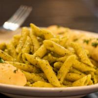 Penne With Pesto · Served with 2 garlic breadsticks.