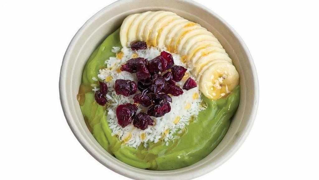 Green Bliss Bowl · Pineapple, Banana, Spinach, Cucumber, Mint, Lime, Matcha Green Tea, Pineapple Sherbet, Non-Fat Frozen Yogurt, and Apple Juice.  Topped with Fresh Banana, Coconut, Cranberries, and Raw Honey. Calories: 470