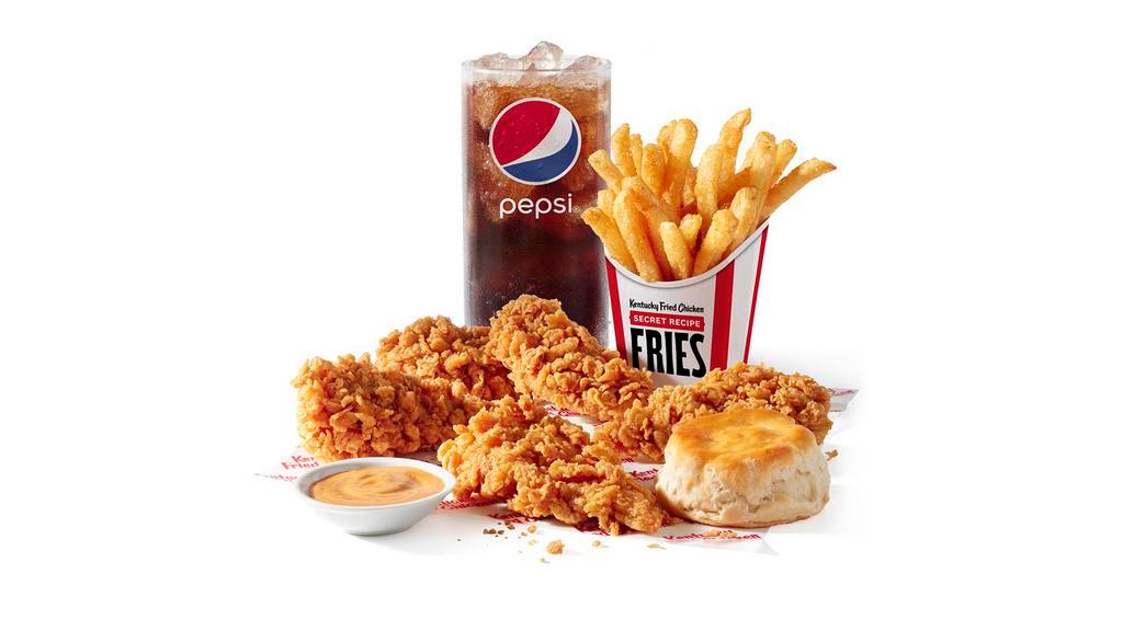 5 Tenders Combo · 5 Extra Crispy Tenders, 1 side of your choice, a biscuit, your choice of a dipping sauce, a cookie, and a medium drink. (790-1500 cal.)