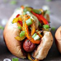 A&G Sausage Dog  · Made with Apples and Gouda Cheese, seasoned grilled peppers & onions, mustard on XL Brat Bun