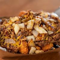 Bbq Pulled Pork Tots Or Fries · Freshly Pulled Pork, Memphis Sweet BBQ Sauce, Sauteed Onions, Cheddar Cheese on Seasoned Fri...