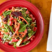 Misto Salad · Julienne carrots, zucchini, tomatoes, walnuts and pine nuts tossed with baby greens and bals...