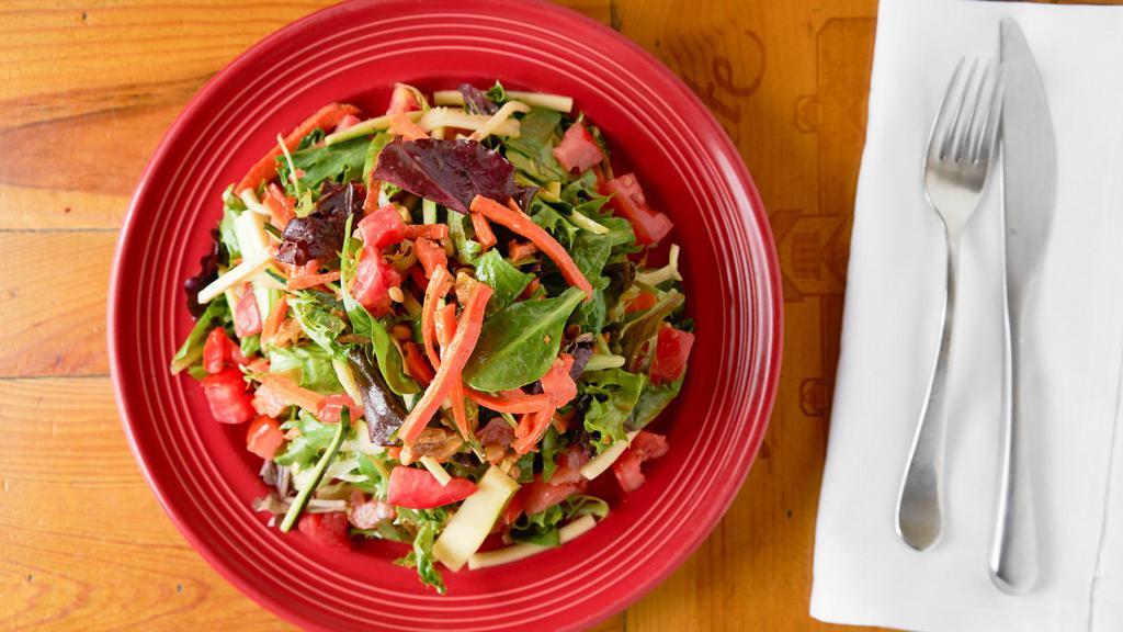 Misto Salad · Contains raw eggs, contains nuts. Julienne carrots, zucchini, tomatoes, walnuts and pine nuts tossed with baby greens and balsamic vinaigrette.