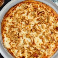 Garlic Chicken Alfredo Pizza · Mozzarella, chicken, topped with Ameci Alfredo sauce and roasted garlic.