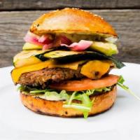 Vegetarian Burger (V) · Gluten-free quinoa veggie patty with sharp cheddar, organic local avocado, wild baby arugula...