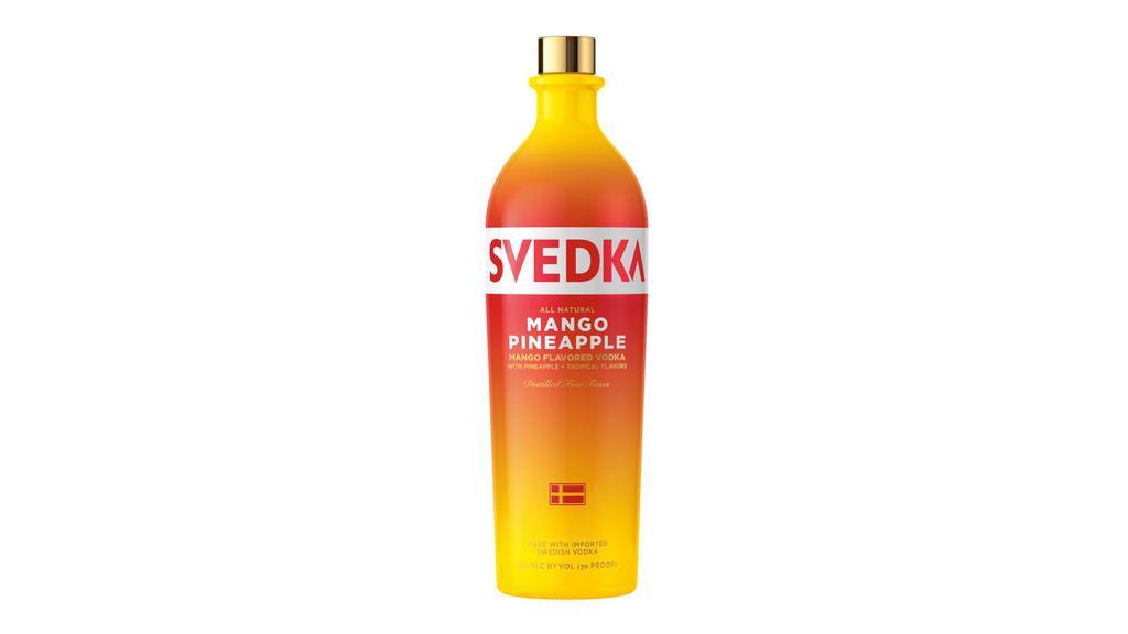 Svedka Vodka Mango Pineapple (750 Ml) · SVEDKA Mango Pineapple Flavored Vodka brings an island beat to the city street with vibrant tropical flavors. Made with the finest spring water and winter wheat, this mango vodka is distilled five times to remove impurities, resulting in a clean, clear taste with a balanced body and a subtle, rounded sweetness. Infused with natural flavors of ripe Filipino mango and juicy pineapple, this SVEDKA vodka is a delicious addition to countless vodka cocktails. Experience this mango and pineapple vodka on the rocks or mixed into one of SVEDKA's signature vodka drinks, such as a SVEDKA MANGO TANGO or FRENCH IMPERIAL vodka martini, or chill this 750 mL bottle of distilled vodka for enjoying on its own, savoring the crisp finish. BRING YOUR OWN SPIRIT.¬Æ ENJOY RESPONSIBLY. ¬©2021 Spirits Marque One, San Francisco, CA. Flavored Vodka 35% alc/ vol