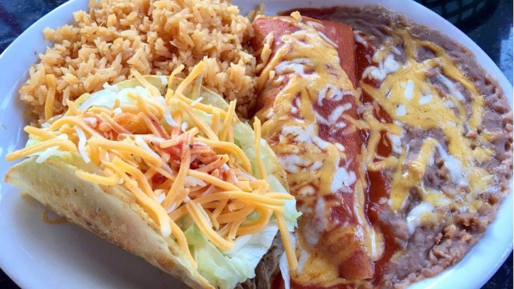 #10. One Taco & One Enchilada · Served with Rice & Beans.