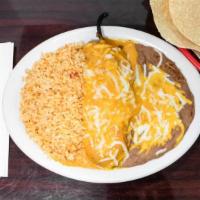 One Chile Relleno · With rice and beans.