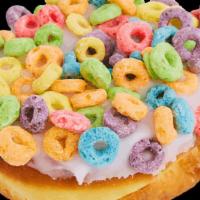 Froot Loops Raised · Vanilla icing raised dipped in Froot Loop cereal.