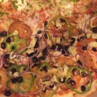 Vegetarian · Mozzarella cheese, tomatoes, onions, green bell pepper, garlic, mushrooms, black olives, inf...