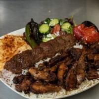 Roasted Chicken & Ground Beef Plate · All plates come with your choice of three sides, pita bread, and roasted tomato or jalapeno.