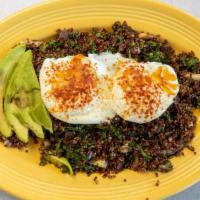 Quinoa & Eggs · Vegetarian. 2 organic poached eggs served on a bed of sauteed quinoa, kale, mushroom, brocco...