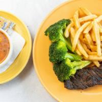 Steak & Fries · Antibiotic and hormone free steak served with a mushroom sauce, fries, steamed broccoli and ...