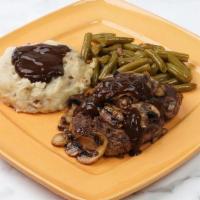 Salisbury Steak · Polly’s housemade steak with freshly grilled mushrooms,. rich demi-glace, red skin smashed p...