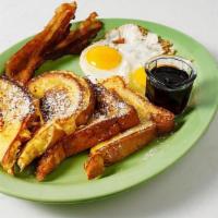 French Toast Combo · Two slices of Ms. Polly's freshly baked bread. drenched in our special egg batter and grille...