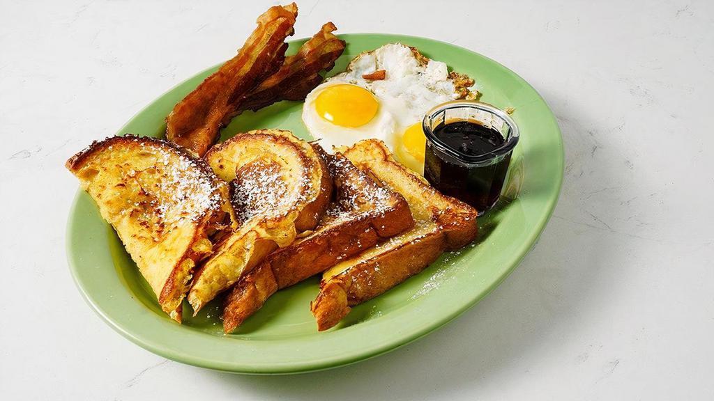 French Toast Combo · Two slices of Ms. Polly's freshly baked bread. drenched in our special egg batter and grilled until. golden brown.