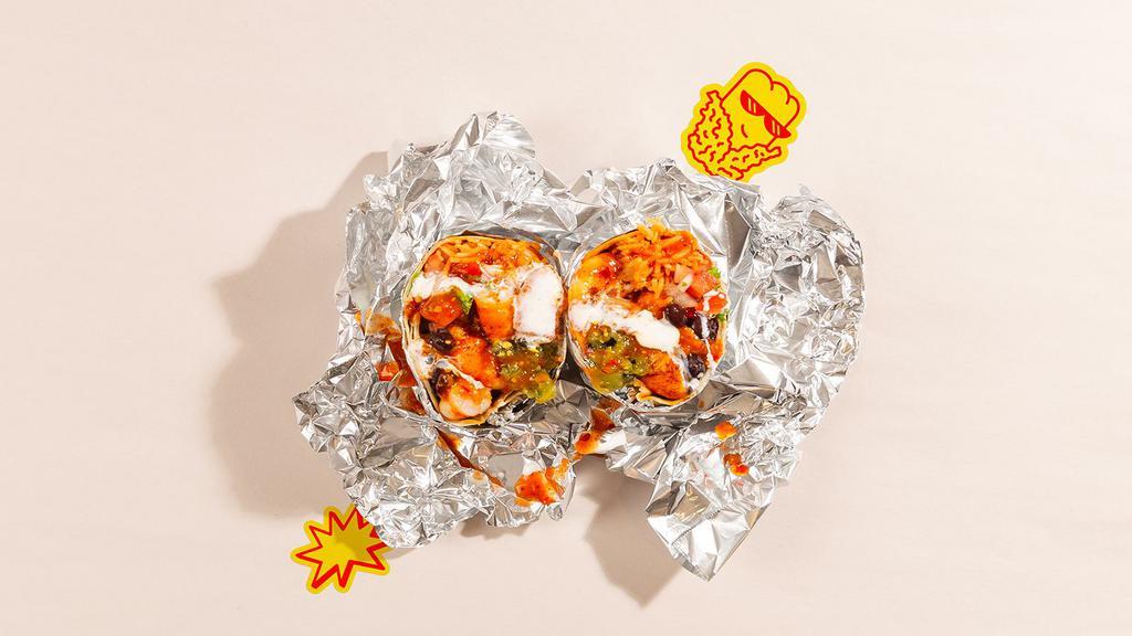 Shrimp Wham! Burrito · House burrito with grilled shrimp, white rice, pinto beans, pico de gallo, guacamole, cheese, and salsa.