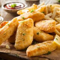 Fish & Chips · 3-4 pieces of crispy golden white fish served with a side of French fries.