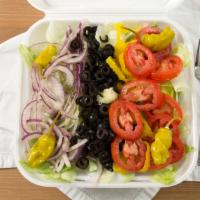 Garden Salad · Fresh Lettuce, Tomatoes, Green Peppers, Red onions, Cucumbers and Pepperoncini