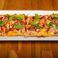 Flatbread-Bbq Pork · Pulled Pork - Tangy BBQ Sauce - Mixed Cheese - Red Onions - Cilantro
