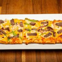 Flatbread-Philly · Truffle Oil - Mixed Cheddar Cheese - Red Onions - Green Bell Peppers