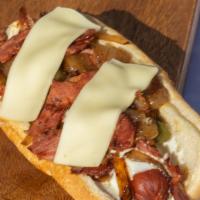 My Boy Bleu · 1/4 lb. Bacon wrapped hot dog with pastrami, grilled onions and peppers, bleu cheese, and Sw...