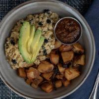 Quinoa Breakfast Bowl · eggs, black beans, roasted corn, potato, pasilla chile, avocado, pepper jack. Gluten- Free