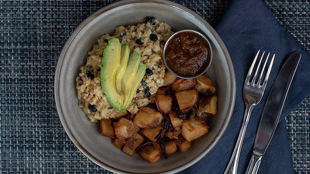 Quinoa Breakfast Bowl · eggs, black beans, roasted corn, potato, pasilla chile, avocado, pepper jack. Gluten- Free