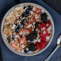 Greek Yogurt Parfait · ancient grain granola, banana, strawberry yogurt, blueberry, toasted coconut. Vegetarian