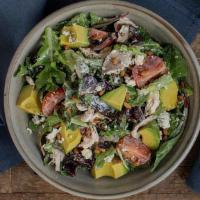 Roasted Chicken & Avocado Salad · romaine, baby greens, glazed bacon, maytag bleu, campari tomato, toasted pine nuts, ranch. G...