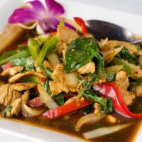 Thai Basil Leaves · What's good, spicy. A choice of meat stir fried with bell pepper, onion, basil and garlic.