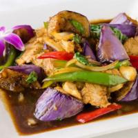Thai Eggplant · A choice of meat stir fried with eggplant, bell pepper, basil leaves and onion.
