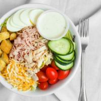 Chef Salad · Mixed greens with turkey, ham, tomato, cucumber, egg, shredded cheese, croutons.