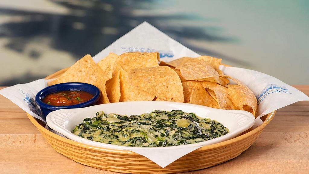 Spinach & Artichoke Dip  · Chopped spinach & artichoke hearts mixed with sautéed onion & garlic in a creamy alfredo sauce. Served with warm chips & salsa.